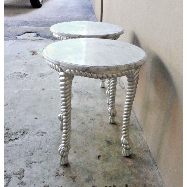 Wood 1970s Vintage Hollywood Regency Style Marble Topped Tables - a Pair For Sale - Image 7 of 9