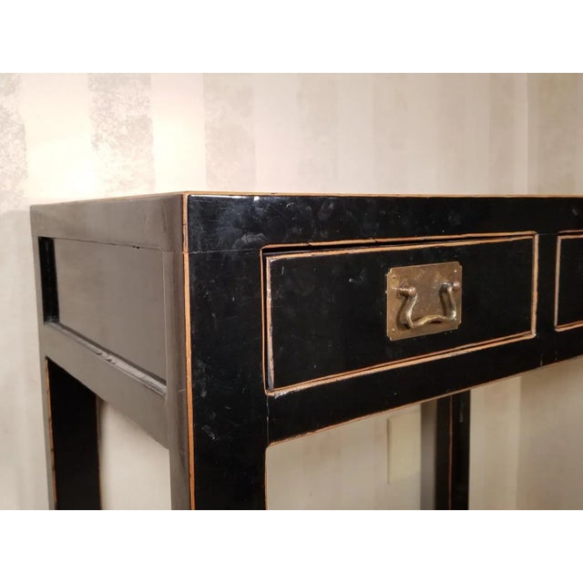 Asian Vintage Ming Black Lacquer Two-Drawer Console Table For Sale - Image 3 of 6
