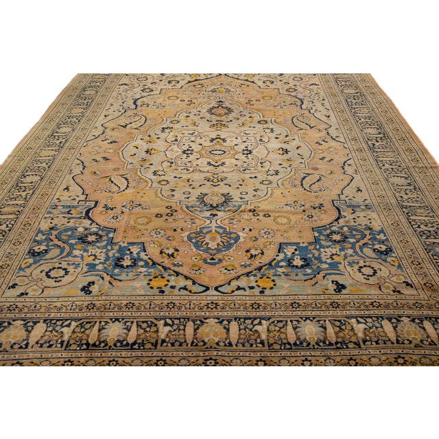 Persian Antique Persian Tabriz Handmade Medallion Motif Blue and Beige Wool Rug For Sale - Image 3 of 11