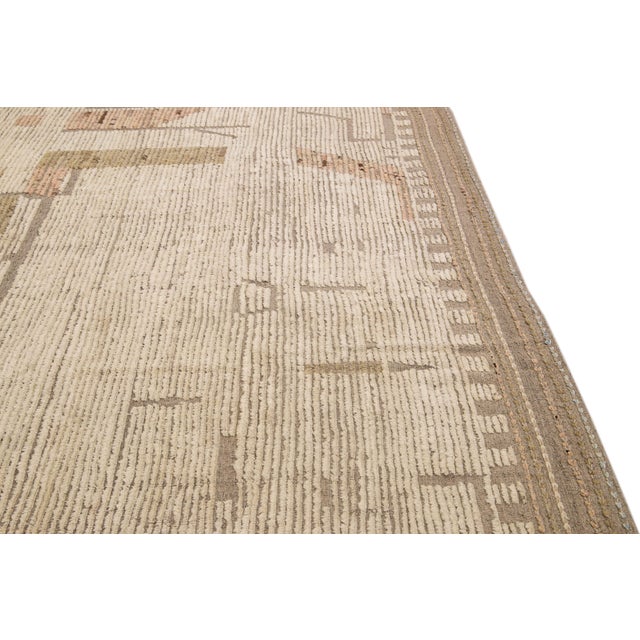 Beige Modern Boho Chic Moroccan Style Handmade Abstract Beige Square Wool Rug For Sale - Image 8 of 10