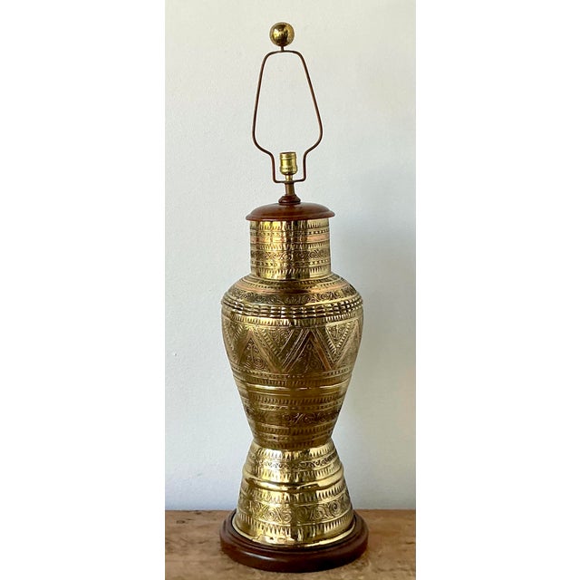Wood Vintage Boho Tooled Brass Lamp For Sale - Image 7 of 12
