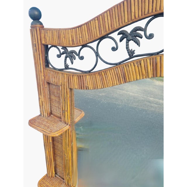 1990s Massive Split Reed Bamboo Iron Palm Tree 5 Shelf Regency Wall Mirror For Sale - Image 5 of 8