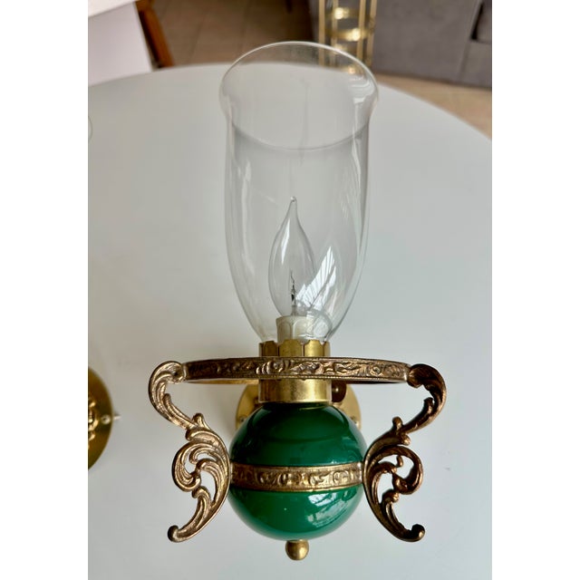 Pair Italian Green & Brass Faux Oil Lamp Wall Sconces For Sale - Image 9 of 18