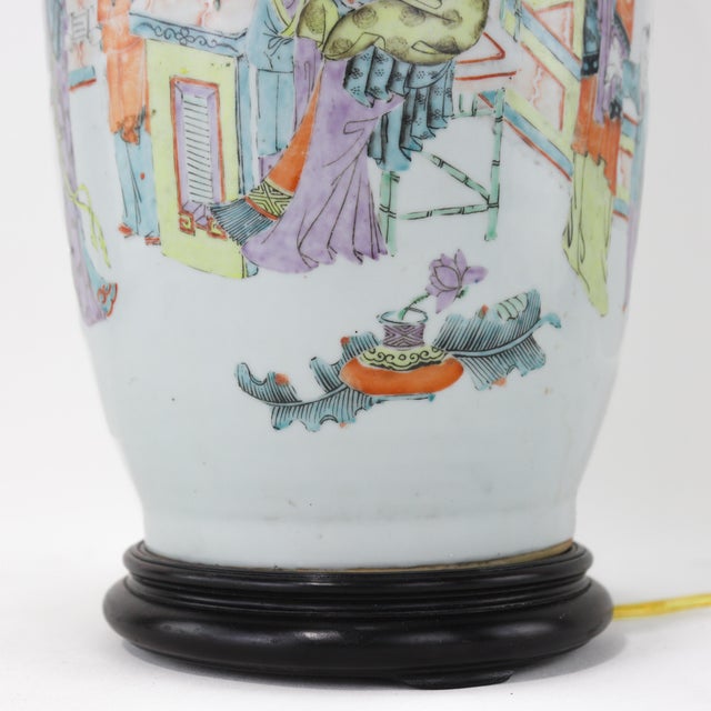 Antique Chinese Porcelain Vase Table Lamp With Figures & Floral Motifs For Sale - Image 9 of 12