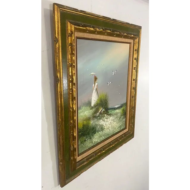 A beautiful oil on canvas impressionistic painting featuring a young lady dressed in white and holding a white umbrella...