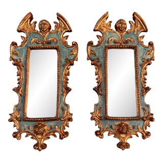 Late Nineteenth Century Italian Rococo Hand Carved Wood Gilded Gold Ornate Florentine Mirrors With Cherubs and Lions, a Pair For Sale