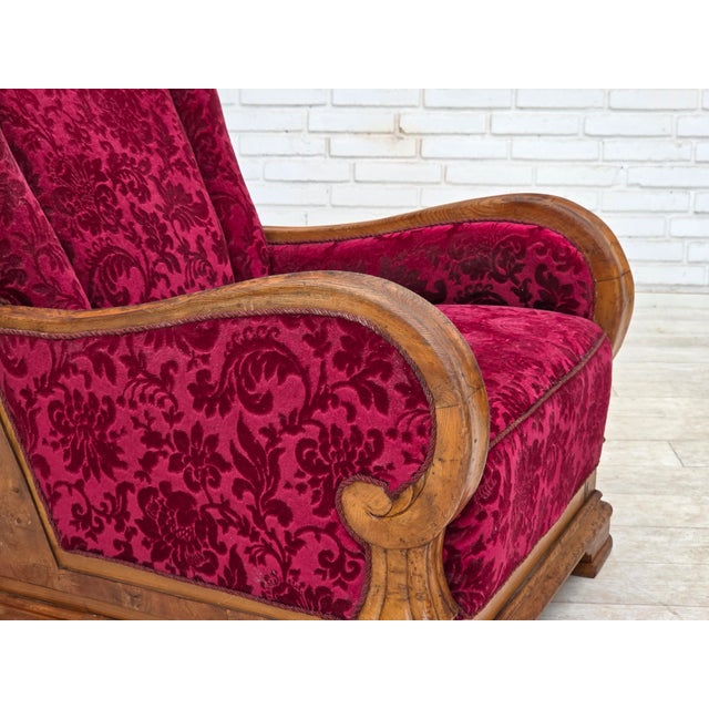 1950s Danish Relax Armchair in Red Furniture Velour and Oak Wood, 1950s For Sale - Image 5 of 18