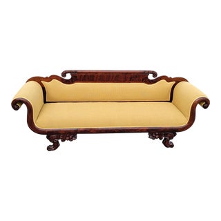 Antique 19th Century American Empire Mahogany Sofa Settee-Hand-Carved Upholstered For Sale