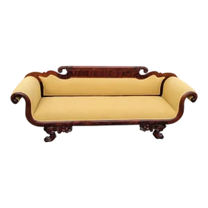 Antique 19th Century American Empire Mahogany Sofa Settee-Hand-Carved Upholstered