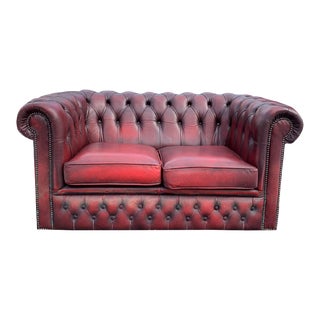 Red Leather Tufted Chesterfield Sofa or Couch Loveseat Size For Sale