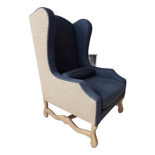 Wingback Chair in Navy Blue Linen and Tan by Restoration Hardware For Sale