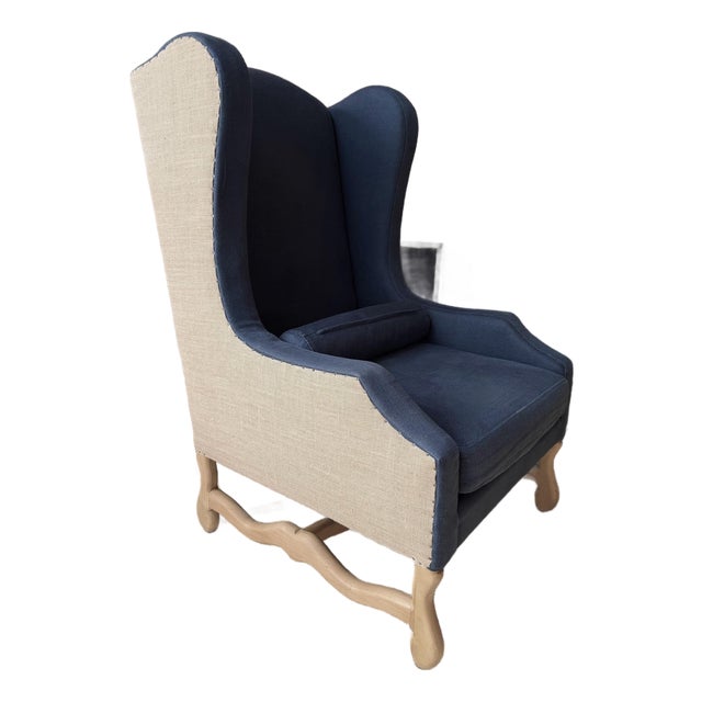Wingback Chair in Navy Blue Linen and Tan by Restoration Hardware For Sale