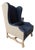 Wingback Chair in Navy Blue Linen and Tan by Restoration Hardware For Sale