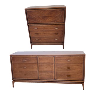 1960s Set Kent Coffey Simplex II Long & Tall Dressers Walnut - Set of 2 For Sale