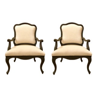 Transitional Dark Gray Carved Wood Arm Chairs Pair For Sale
