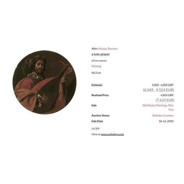 After Nicolas Tournier, The Lute Player, 1640, Oil on Canvas For Sale - Image 12 of 13