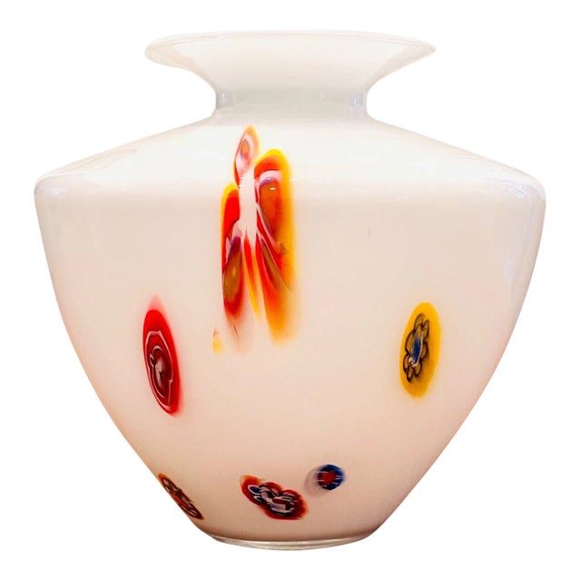 Vintage Murano Style Millefiori Large Milk Glass Vase For Sale