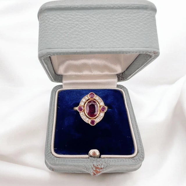 Metal Natural Burmese Ruby 2 Cts and Diamond Halo Ring, Size 6.5 For Sale - Image 7 of 7