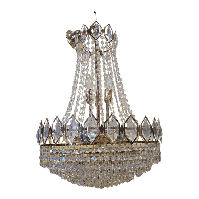 1960s Mid-Century Modern Gilt / Brass-Plated & Crystal 9-Light Chandelier For Sale