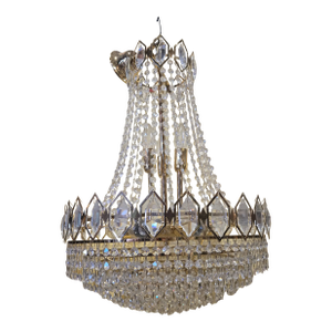 1960s Mid-Century Modern Gilt / Brass-Plated & Crystal 9-Light Chandelier