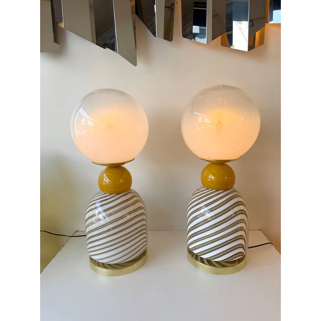 Contemporary Pair of Brass and Berlingo Stripe Murano Glass Lamps, Italy For Sale - Image 6 of 11