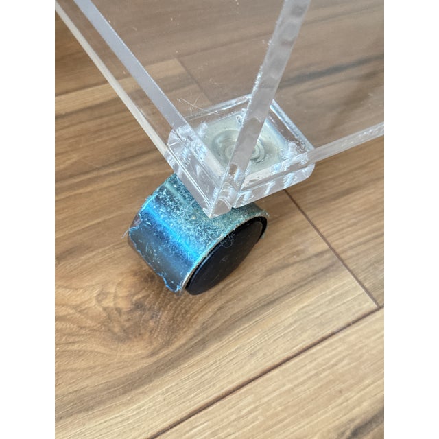 Mid 20th Century Vintage 1980s Clear Lucite Bar Cart on Wheels For Sale - Image 5 of 6