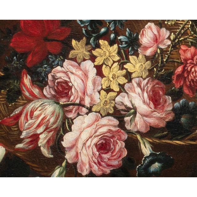 Unknown, Roman Maestro, Still Life with Parrot, Fruit, Flowers and Metal Jug on a Cloth, 1800s, Oil on Canvas, Framed For Sale - Image 6 of 12