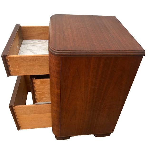 1920s Art Deco Side Table, Nightstand, Chest of Three Drawers, Walnut, Brass Pulls For Sale - Image 4 of 13