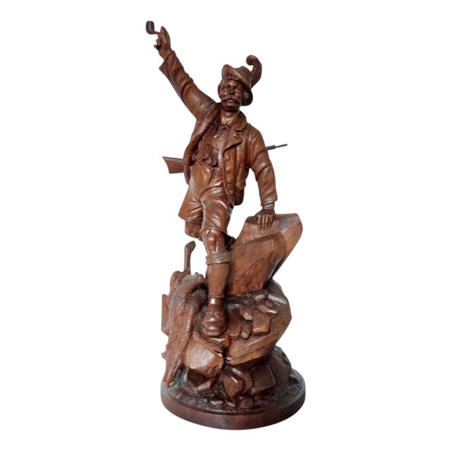Large Antique Hand-Carved Wooden Sculpture Tyrolean Hunter with Game, 1900 For Sale