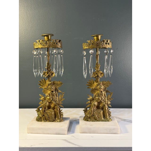 Gold Antique Victorian Cornelius & Co. Gilt Mantel Lusters, Crystal Girandoles, Gold Figural Candlesticks Candelabra Marble 1800’s For Sale - Image 8 of 12