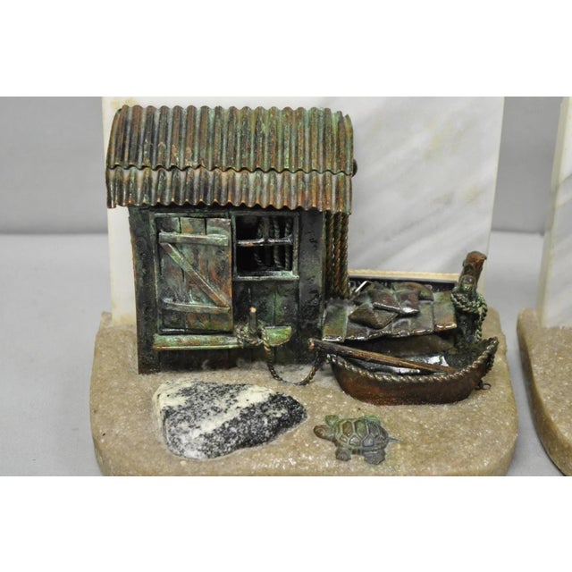 Mid 20th Century Curtis Clawson Mid Century Modern Brutalist Nautical Bronze & Marble Bookends For Sale - Image 4 of 15