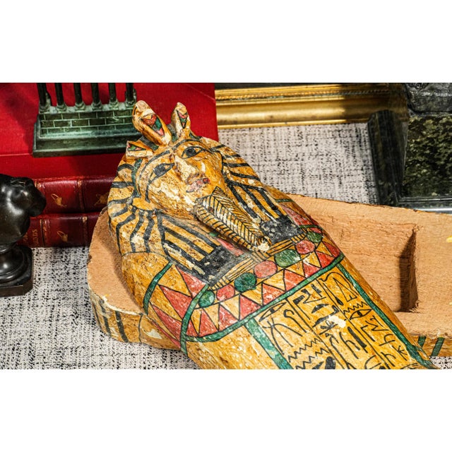Traditional Colorful Vintage Egyptian Painted Wood Sarcophagus Box For Sale - Image 3 of 16
