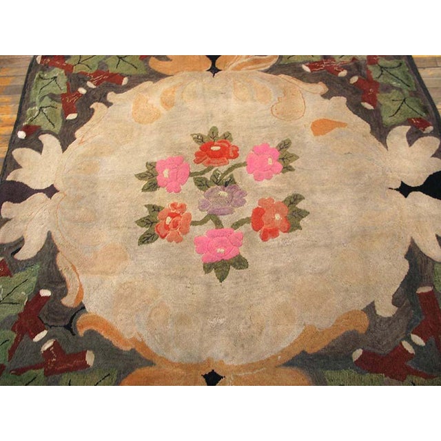 American 1930s Ivory Floral Art & Crafts Antique American Hooked Rug 5'6" X 5'8" Handknotted Wool Carpet For Sale - Image 3 of 5