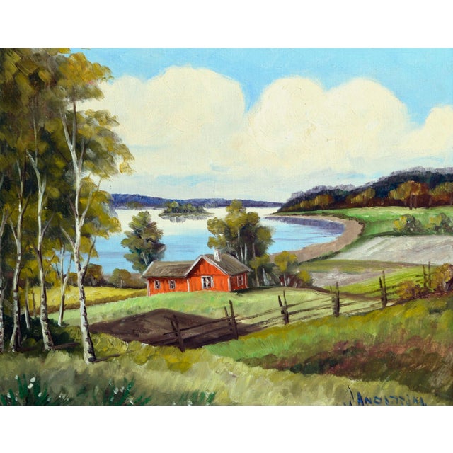 Mid Century River & Farm Landscape in Oil on Canvas Stretched Over Board A pastoral mid-century landscape with a red...
