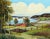 Mid Century River & Farm Landscape in Oil on Canvas Stretched Over Board A pastoral mid-century landscape with a red...