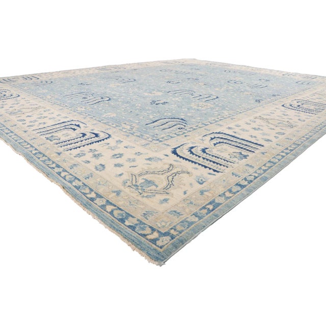 12 x 15 Vintage Blue Oushak Rug, 11'11 x 14'07. Polished and playful, this hand-knotted wool vintage sky blue Oushak rug...