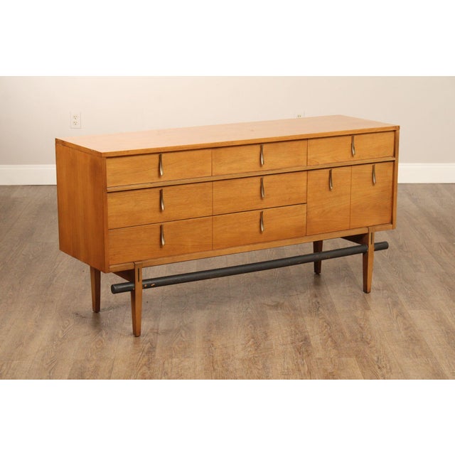 High Quality Vintage Walnut Long Chest with Assortment of Dovetailed Drawers and Cast Brass Handles