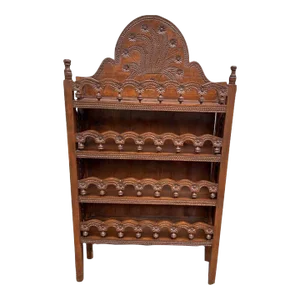Early 20th-C. Moroccan Heavily Carved Wood Bookcase Etagere.