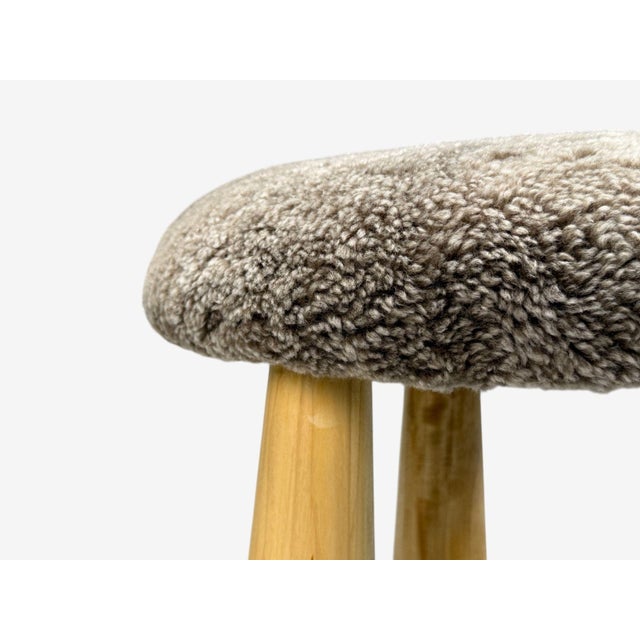 Beige Danish Modern Style, Brown Sheepskin, Maple, Shearling Footstools, 21st Century- Set of 2 For Sale - Image 8 of 9