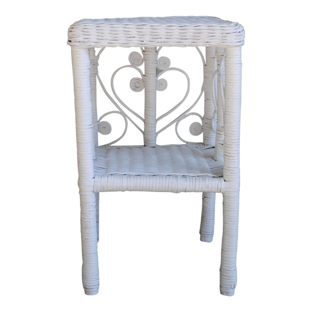 Mid Century White Wicker Small Table Night Stand With Hearts For Sale