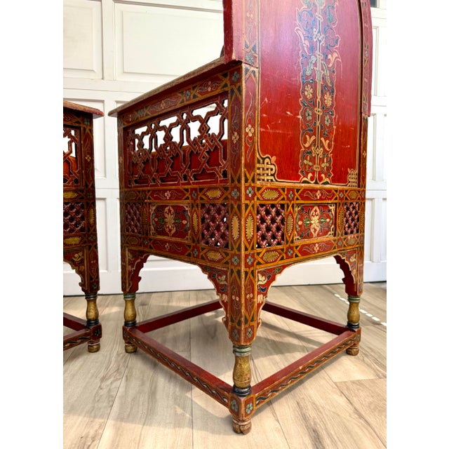 Vintage Moroccan Hand-Painted Carved Wood Throne Chairs - Pair For Sale - Image 15 of 18