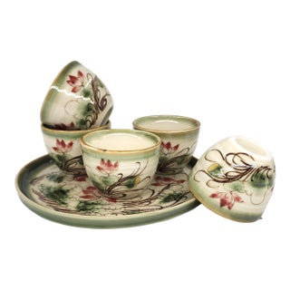 Hand-Painted Vietnamese Lotus Motif Ceramic Tea From Bat Trang - Set of 6 For Sale
