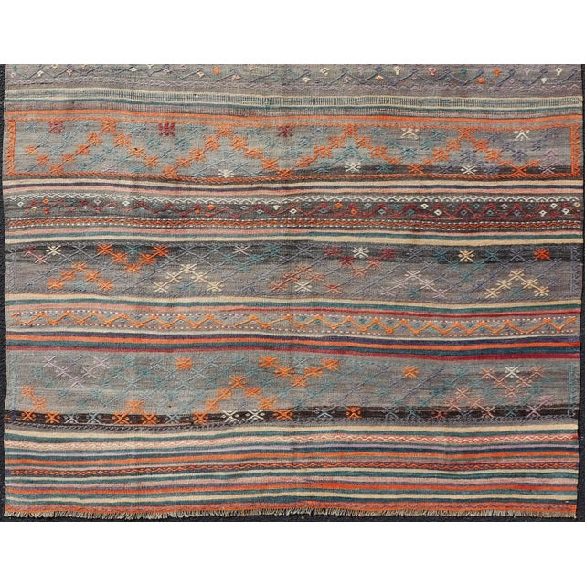 Mid 20th Century Mid 20th Century Colorful Vintage Turkish Embroidered Kilim With Stripes and Geometric Motifs For Sale - Image 5 of 12