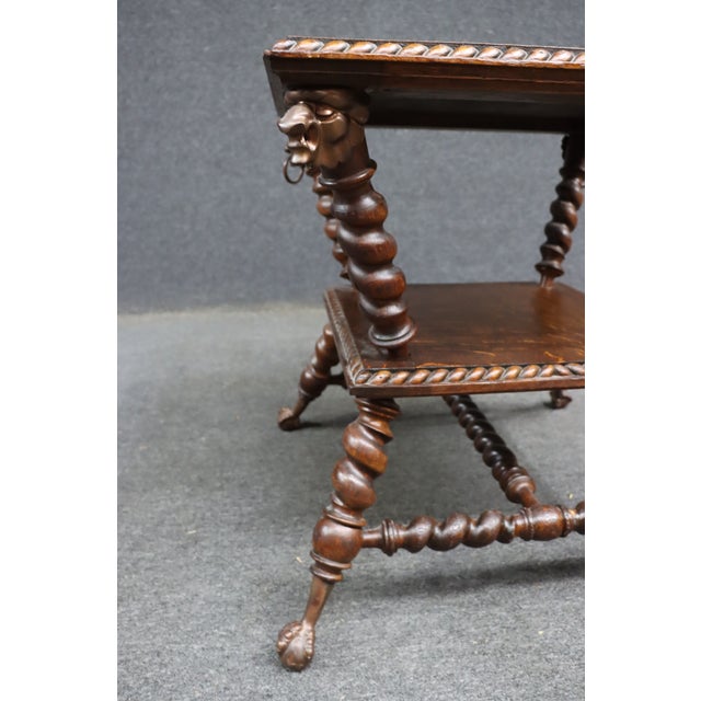 Merklin Brothers Attributed Barley Twist Quarter Sawn Oak Side Table With Lion Mask Mounts For Sale - Image 9 of 13