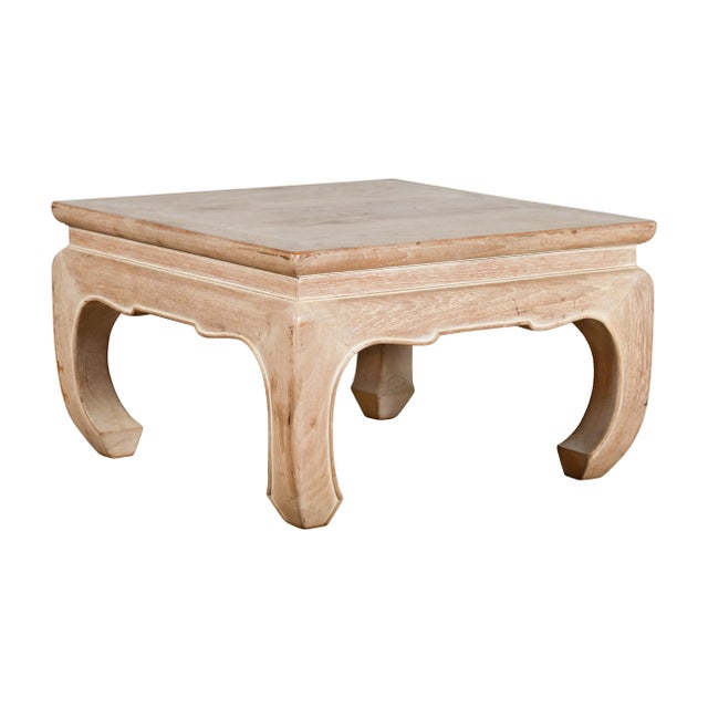 Brown Vintage Thai Whitewashed Low Drinks Table with Carved Apron & Chow Legs For Sale - Image 8 of 13