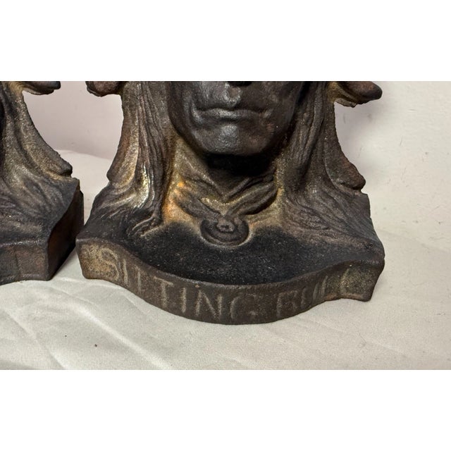 Pair Antique Sitting Bull Solid Cast Iron Figural Native American Chief Bookends For Sale In New York - Image 6 of 9