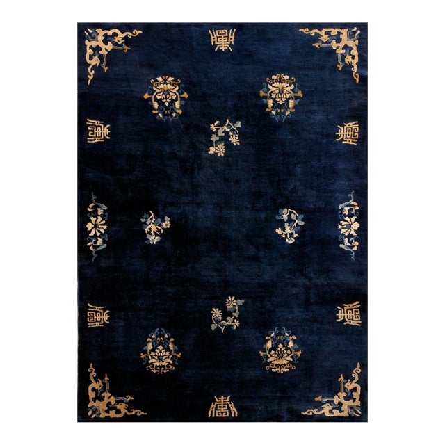1930s Navy Blue Floral Traditional Shou Symbols Antique Chinese Peking Rug For Sale