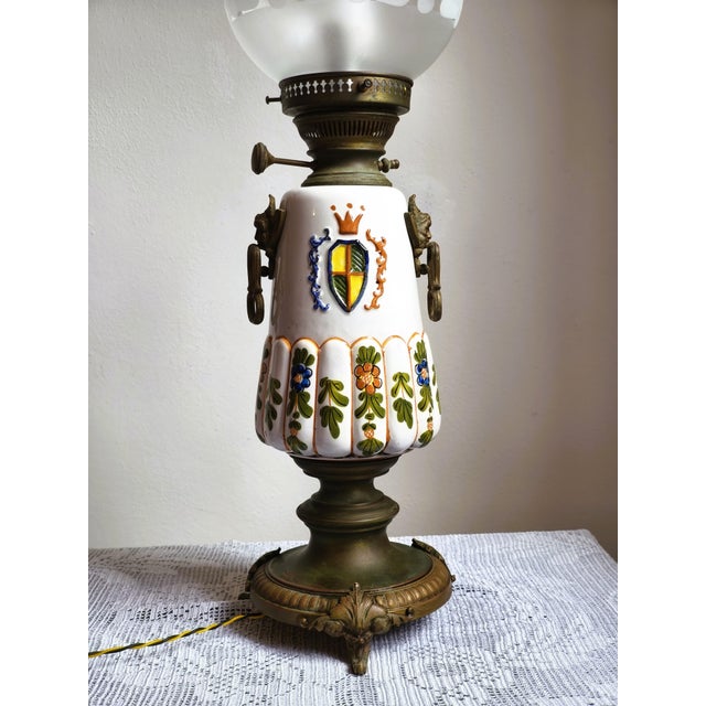 Forest Green Mid-Century Italian Brass & Ceramic Table Lamp with Frosted Etched Glass Shade, 1950s For Sale - Image 8 of 15