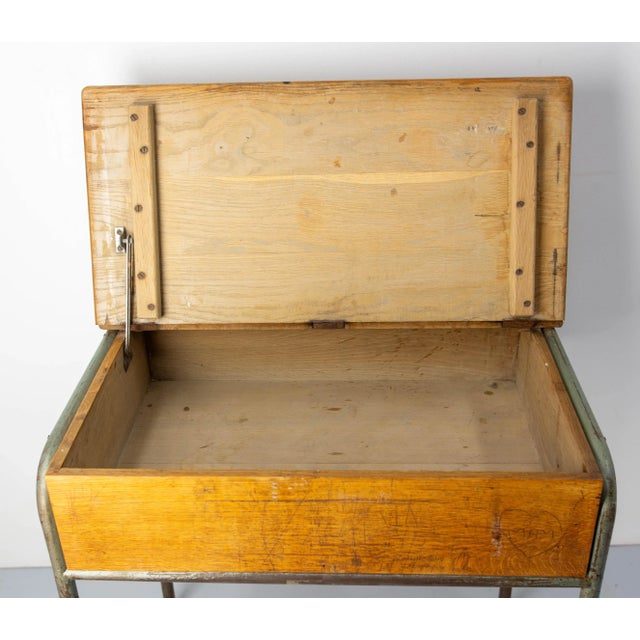 Mid 20th Century Student Oak & Iron Writing Table Slant Top Desk, France, 1950s For Sale - Image 10 of 12