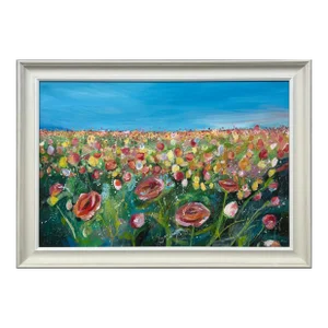 English Meadow Landscape With Wild Red Flowers by Contemporary British Artist